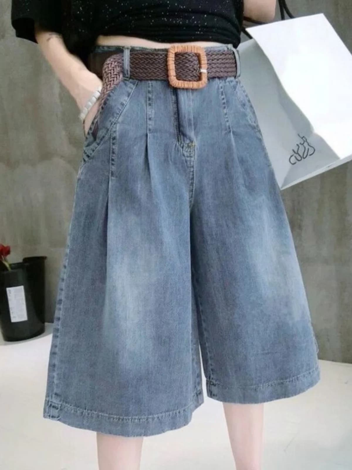 Slimming Wide Leg Denim Mid-Length Pants Women's Summer Thin Straight Casual Trousers Loose Fit Fashionable Seven-Foot Pants