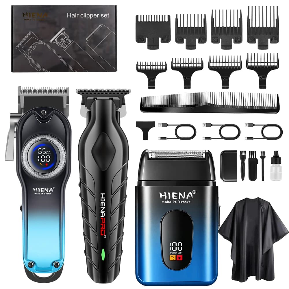 HIENA 3Pcs Cordless Barber Hair Clipper Trimmer Shaver LCD USB Rechargeable Hairdressing Grooming Kit