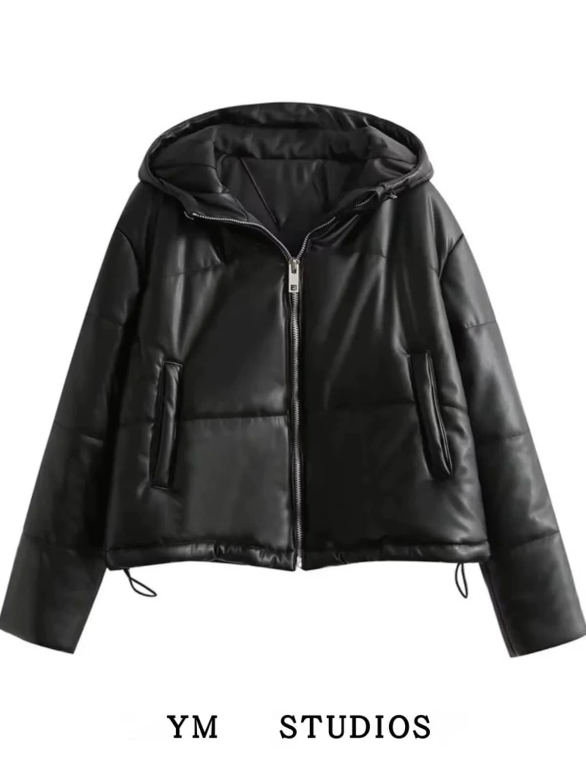 Giacca Casual in Pelle PU per Donna, Imbottita, Antivento, con Cappuccio e Cerniera, Stile Street, Lunghezza Regolare, Cappotto alla Moda