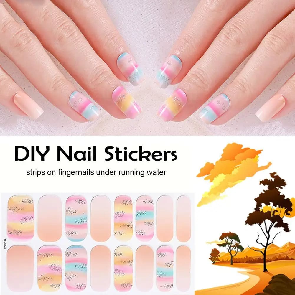 16Strips Semi Cured Gel Nail Polish Strips Waterproof Long Lasting Gradient Design UV LED Lamp Nail Art Sliders Decoration