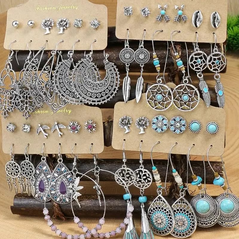 Vintage Boho Blue Stone Turquoise Drop Earrings Geometric Tassels Pendant Dreamcatcher Earrings Women Trendy Jewelry Party Gift