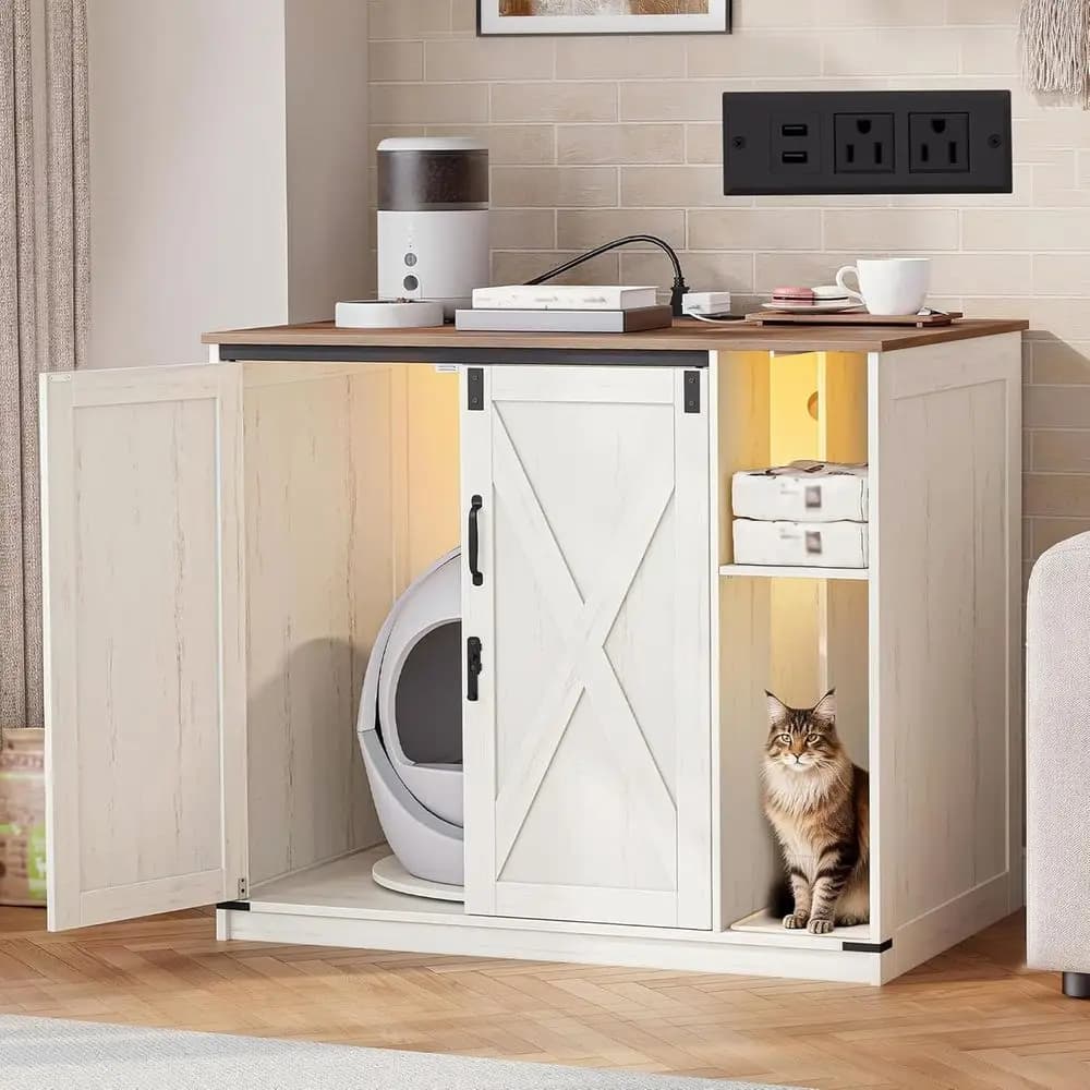 Mobiletto per lettiera per gatti extra large, con lettiera autopulente a scomparsa e base girevole, armadio per gatti con spazio contenitivo