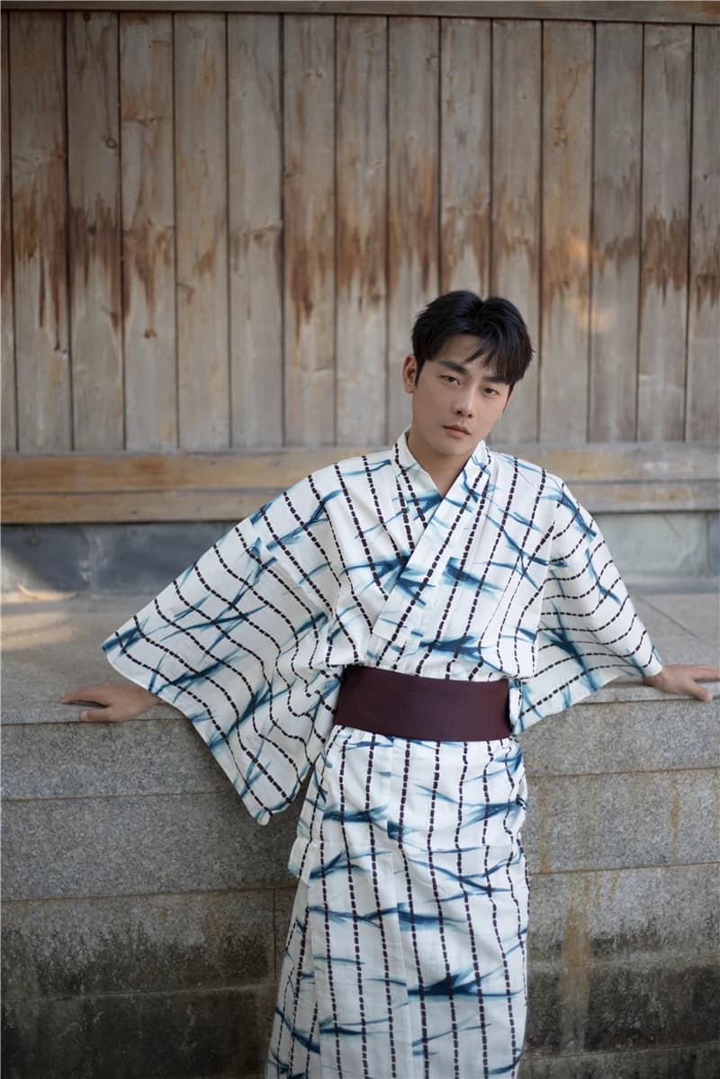 Traditional Japanese men's Kimono belt with Yukata Robe formal cotton bathrobe service at home summer clothing