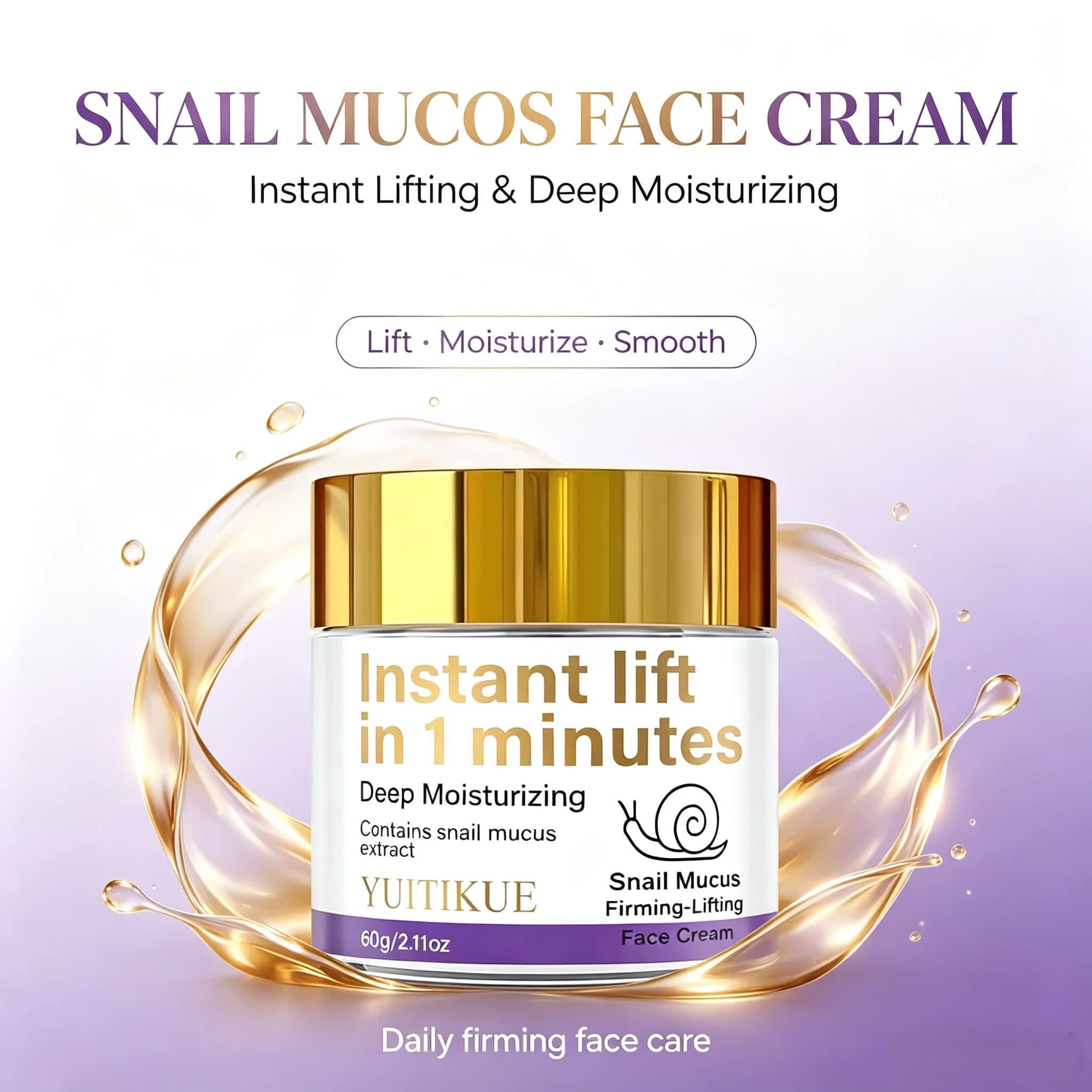 YUITIKUE Instant Face Lift Cream 60 g - 1 min shaving snail, hydrate, firm and uniform tone, light formula not fat