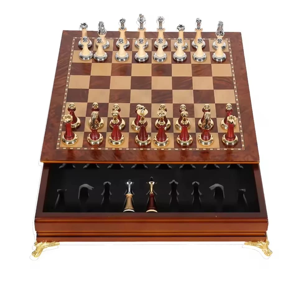 Professional Game Chess Set - Brass and Nickel Alloy Weights + Magnetic Foldable Chessboard | 2 Extra Queens