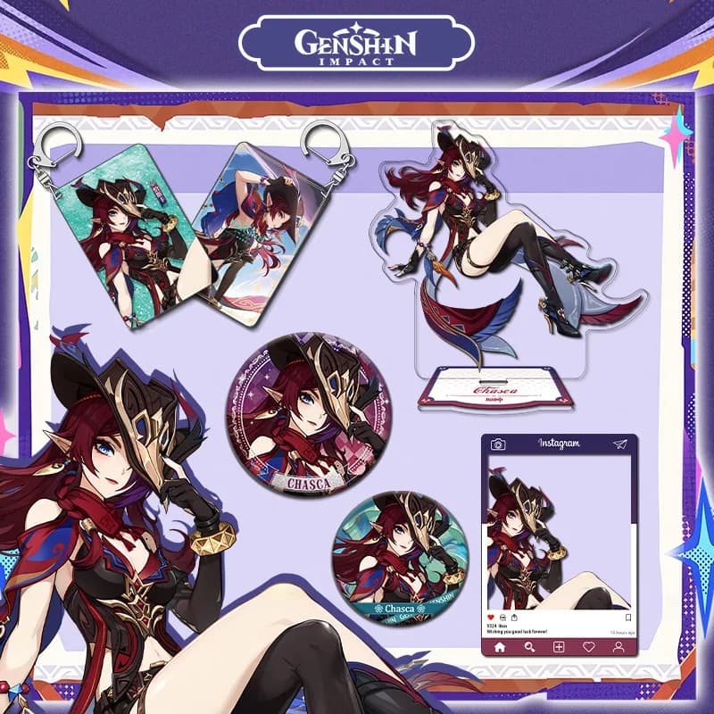 Gioco Genshin Impact Chasca Anime Acrilico Figura Stand Distintivo Carta Portachiavi Zaino Ciondolo Decorazione da scrivania Regalo Cosplay