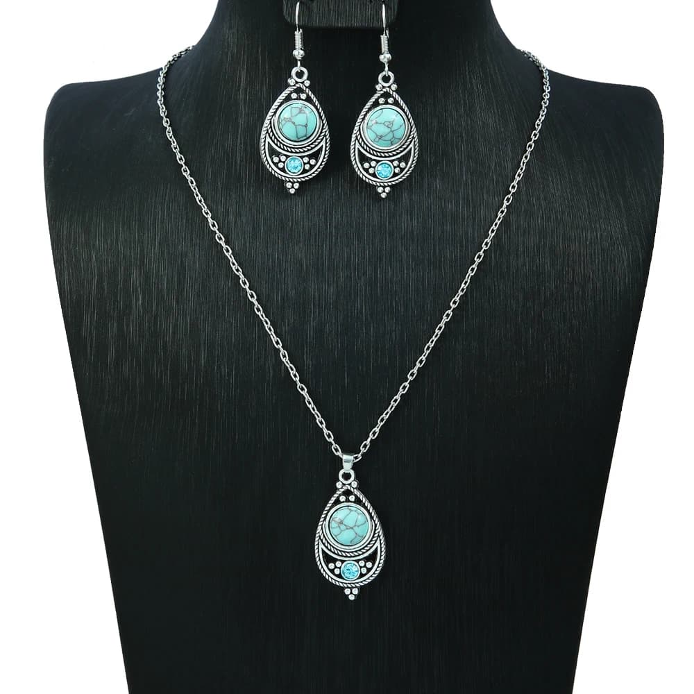 Set di gioielli in stile etnico Boho Argento antico con orecchini pendenti in acrilico turchese con catena sottile da indossare ogni giorno