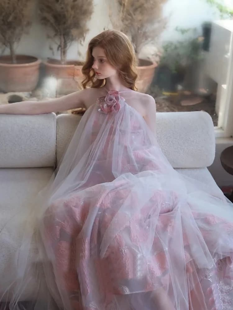Pink Evening Gown Women's 2026 New High-End Luxury Birthday Wedding Engagement Hanging Neckline Custom-Made Long A-Line Skirt
