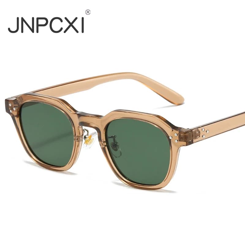 JNPCXI Polygon Square Sunglasses Women Retro Rivets Fashion Tea Green Men Trending Shades UV400 Sun Glasses