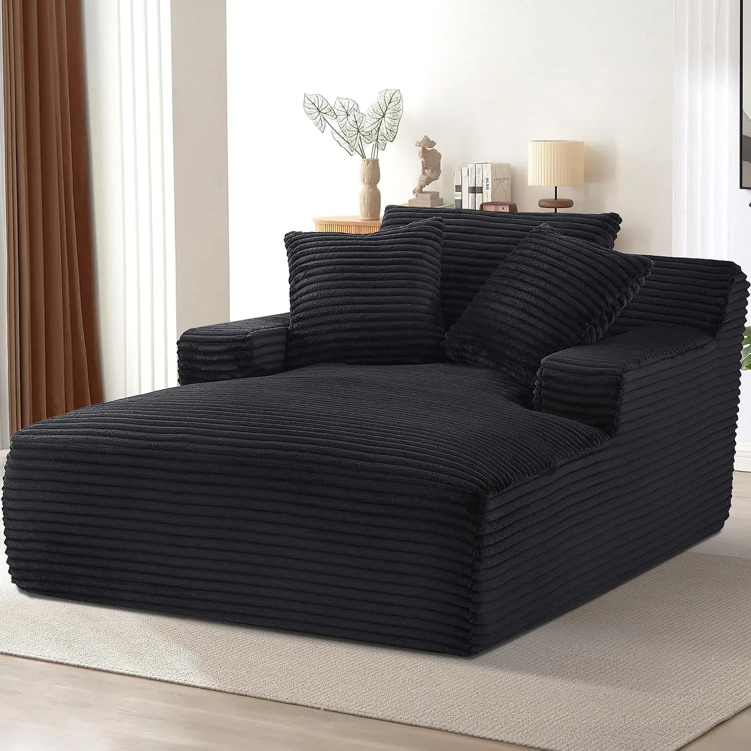 66" Oversized Boneless Chaise Lounge Chair Indoor, Cloud Corduroy Reading Chair Deep Seat Sofa Couch Bed with 3 Pillows