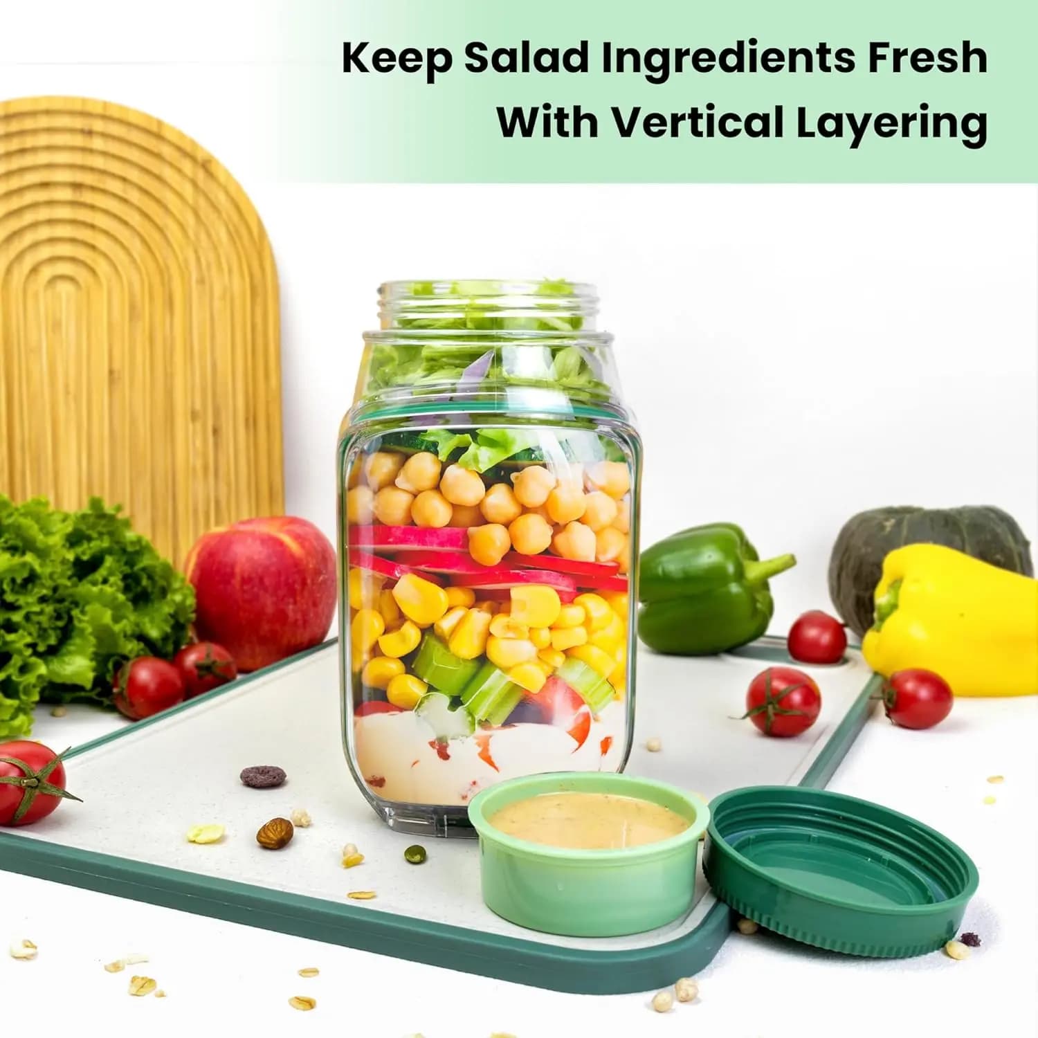 Confezione da 2 Contenitori per Insalata da 34oz con Apertura Laterale – Ciotole Ermetiche Antisgocciolamento per la Preparazione dei Pasti – Grandi Contenitori in Plastica per Alimenti per Dispensa, Frutta, Snack e Prodotti Secchi - Verde
