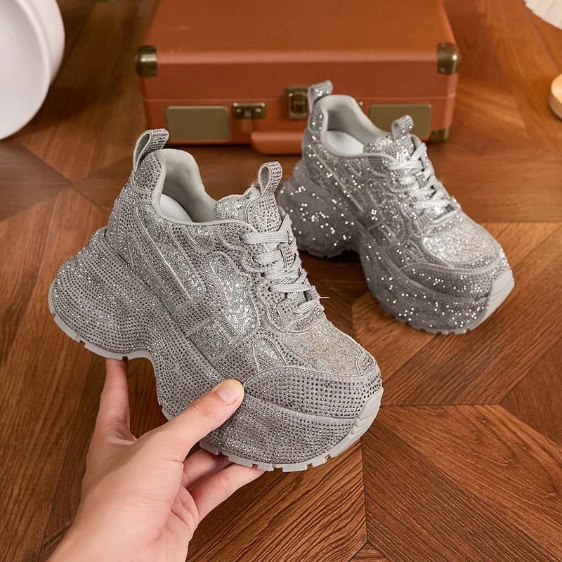 Women's Rhinestone Shoes Autumn Women's Shoes with Fashionable Indoor Height and Versatile casual sports shoes with thick sole