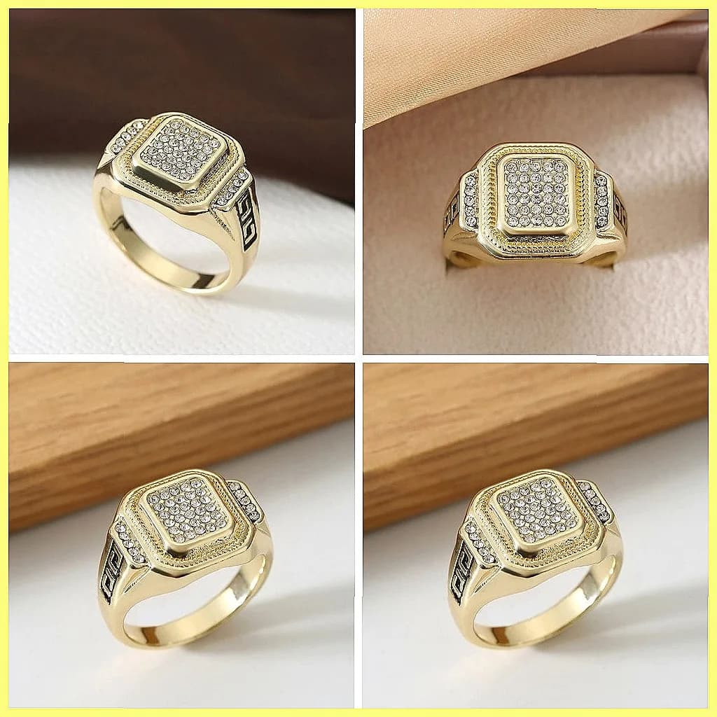 Anello Quadrato da Uomo, Gioielli Hip Hop Placcati Oro con Diamanti CZ, Accessori di Moda per Uomo, Idee Regalo