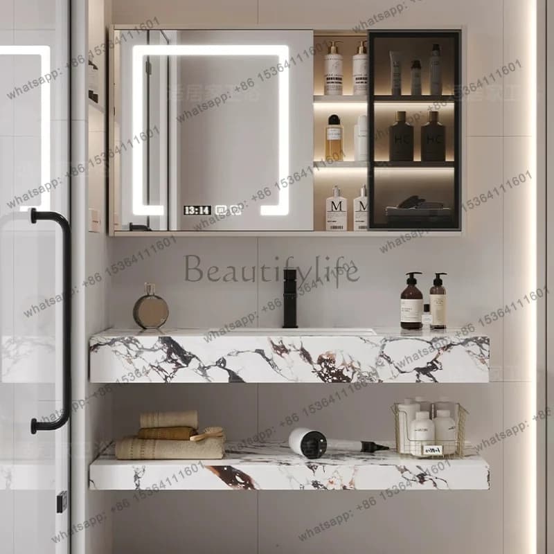 Mobile bagno di lusso con piano a doppio livello in stile Bulgari e specchio LED intelligente con mobiletto - Arredamento bagno