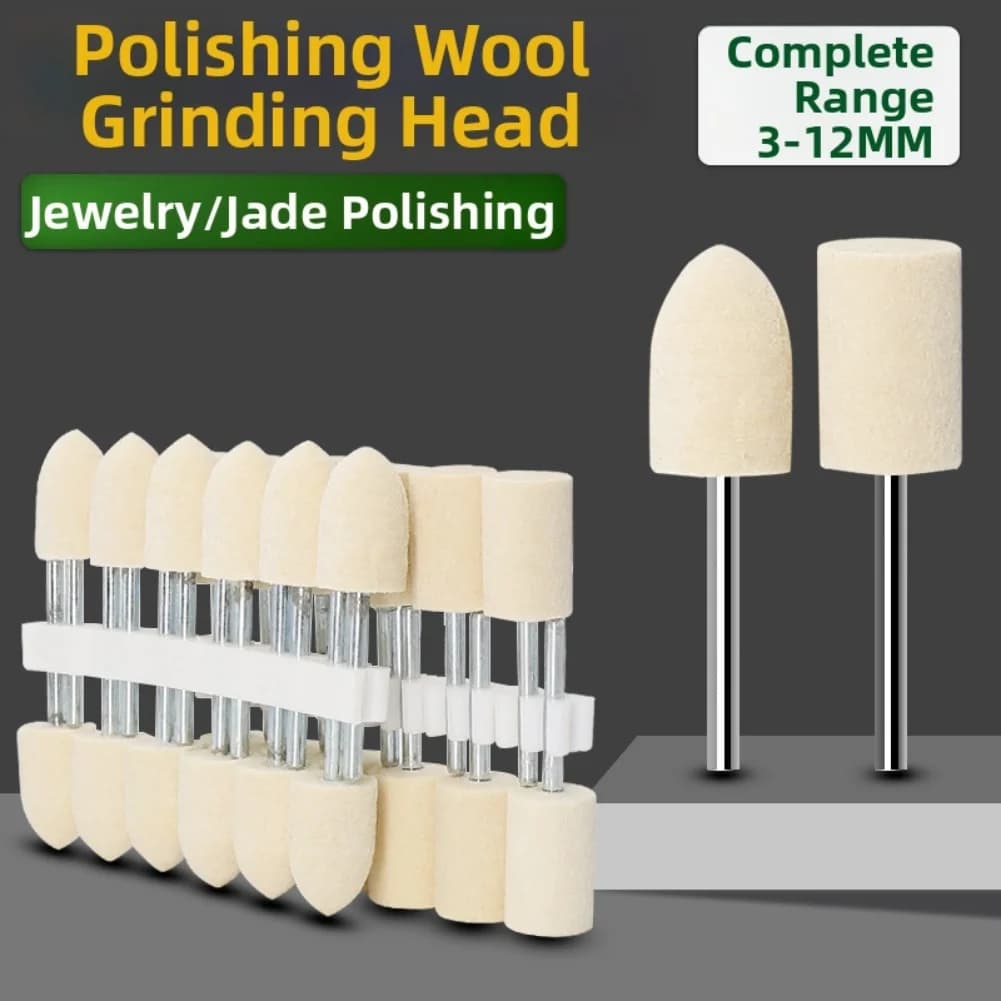 12pcs Wool Grinding Head Set With 20mmx2.35 Mm Rotary Sanding Tools Shank Polishing Heads For Metal Glass Jade Similar Surfaces