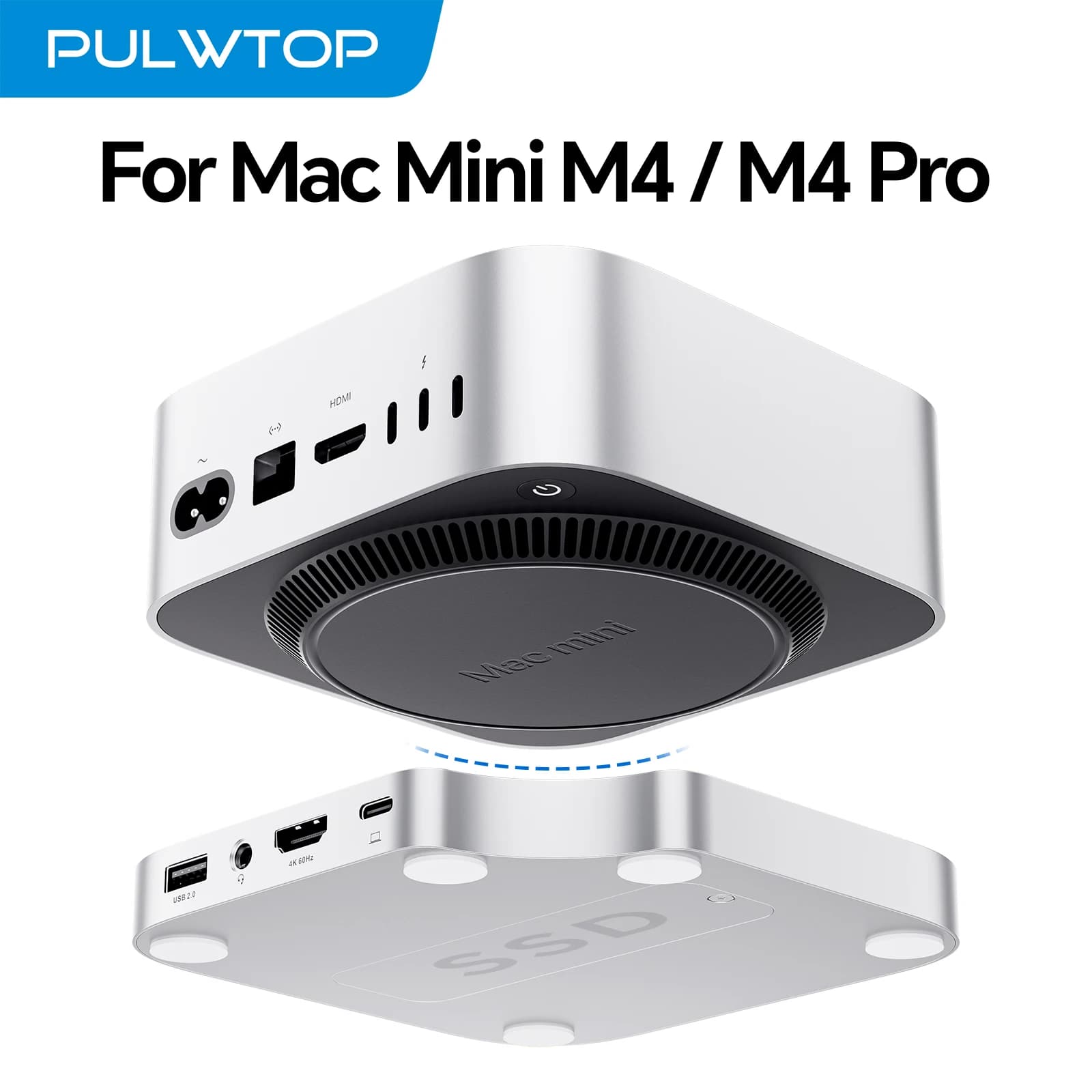 PULWTOP Mac Mini M4 Dock with 4TB SSD Enclosure, USB C HUB Support HDMI 4K@60Hz, USB A 2.0, SD/TF, Audio for Mac Mini M4/M4 pro