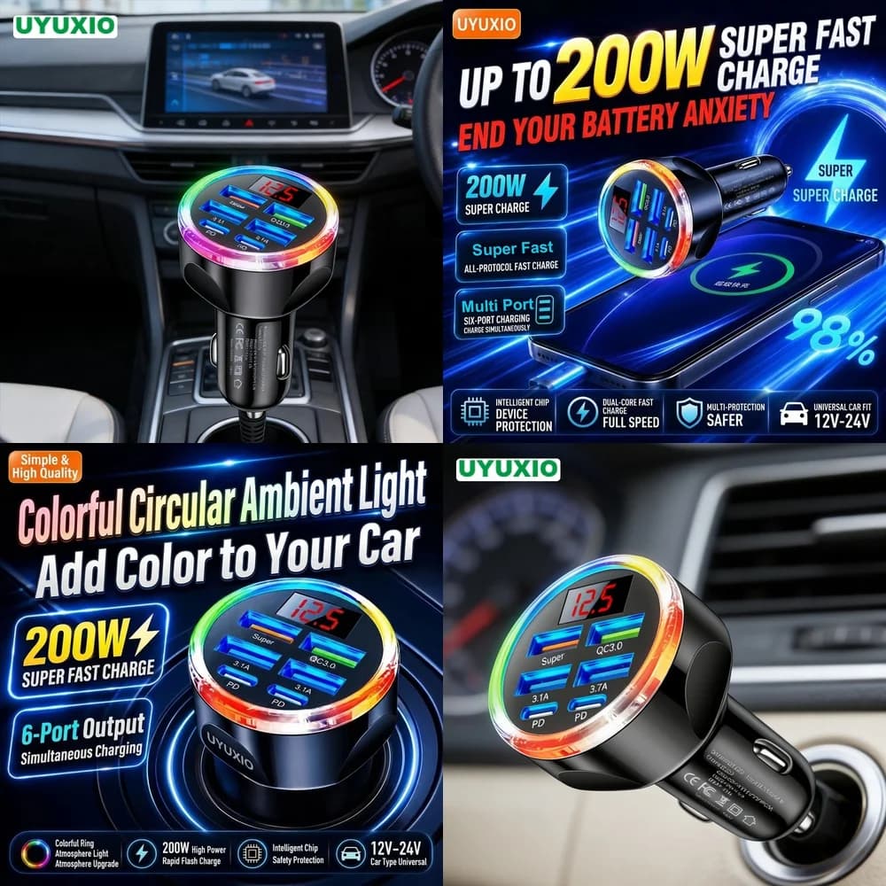 6 in 1 Multi USB Car Charger Plug New Products 2026 for iPhone 18 17 16 Samsung S26 S25 S24 with Fast Charging RGB LED Light Hub
