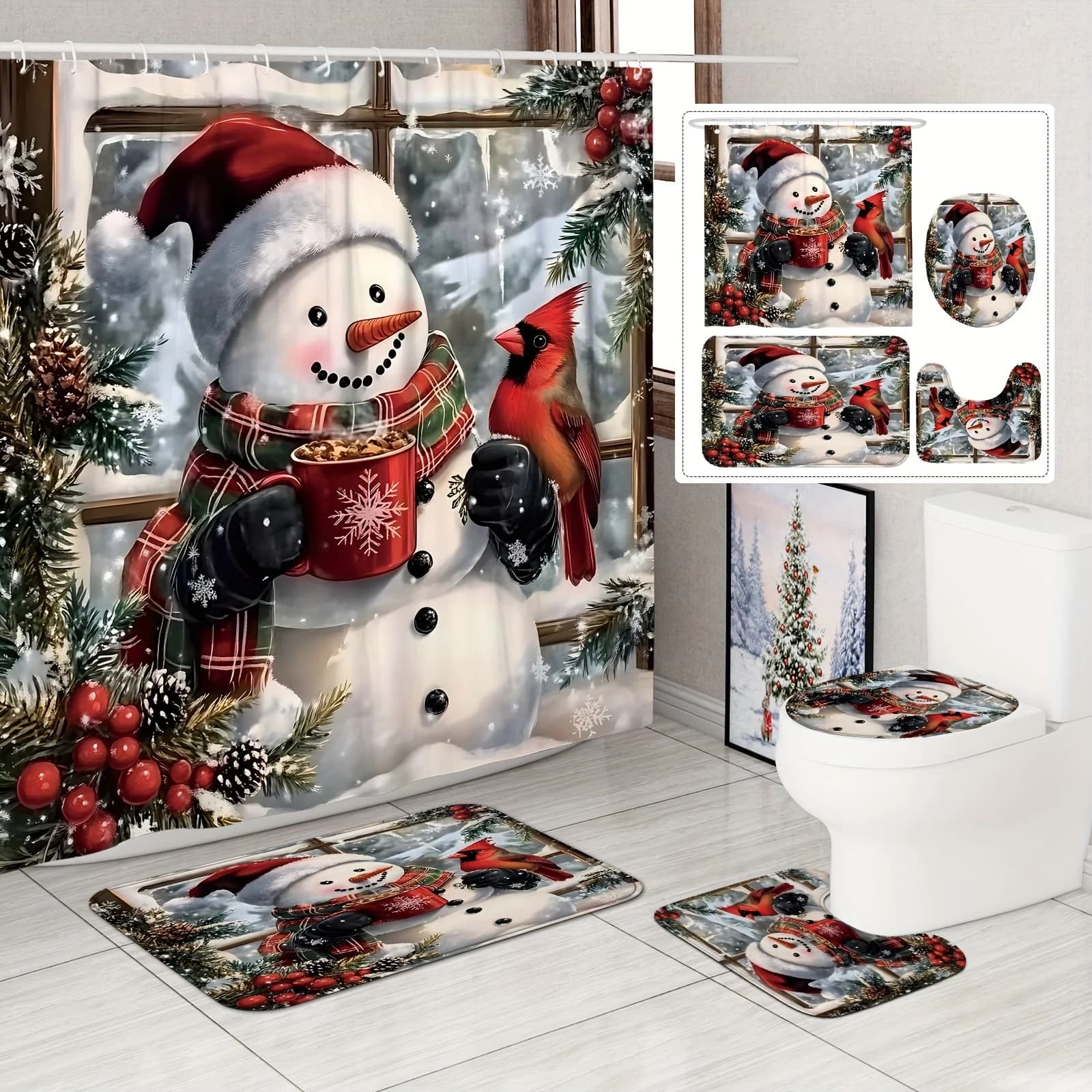 Set da bagno 4 pezzi natalizio inverno pupazzo di neve cardinale agrifoglio, tenda da doccia rossa verde e tappetino, 12 ganci, tappetino antiscivolo, copriwater a forma di U