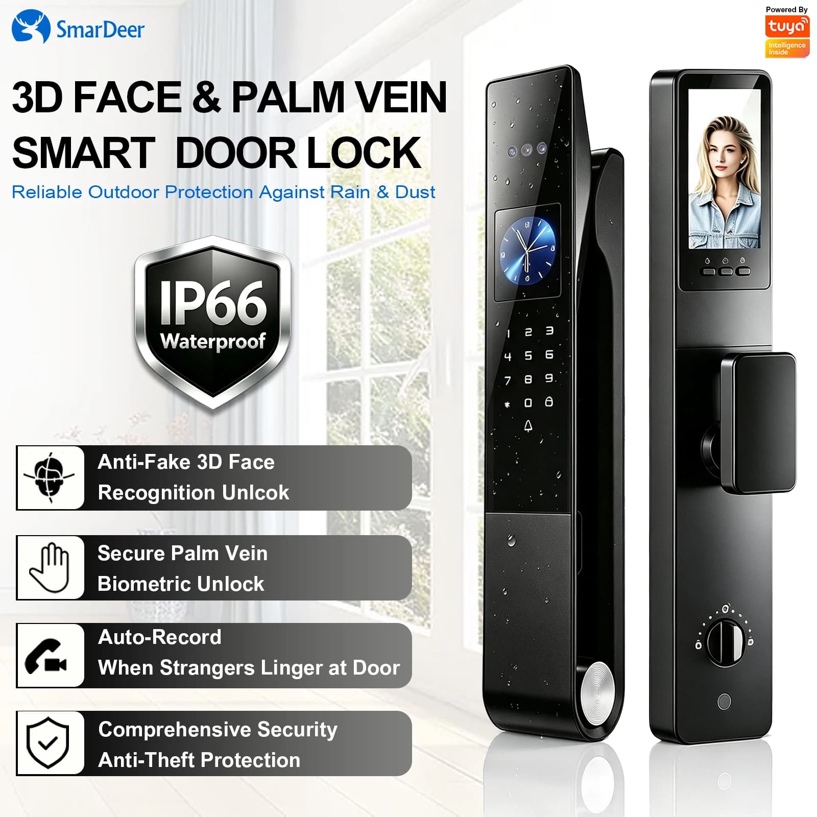 3D Face Palm Vein Smart Door Lock, IP66 Waterproof Tuya Wifi Video Call Electronic Lock, Keyless Entry Smart Lock for Front Door