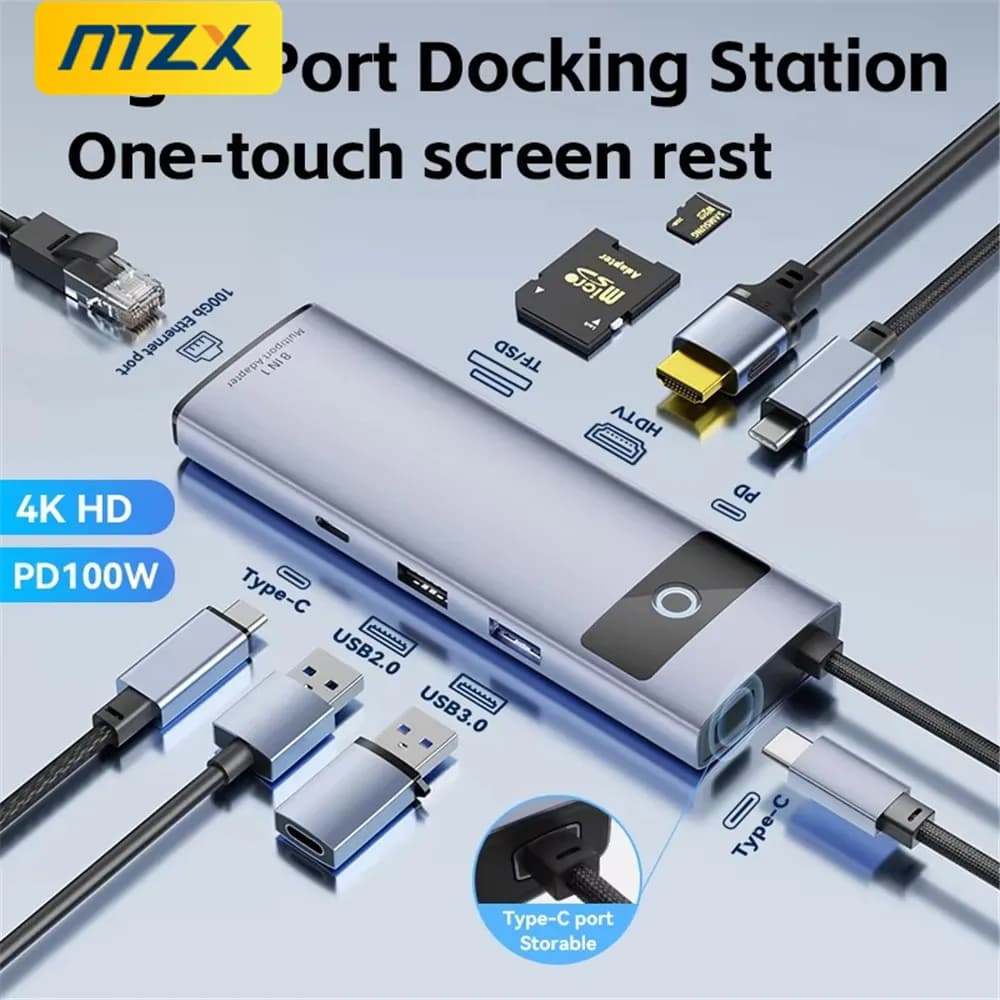 MZX 8 in 1 USB C Docking Station Aluminum Alloy 3.0 2.0 4K HDMI-Compatible PD100W Multiport Type 3 0 Adapter RJ45 100M Dock Hubs