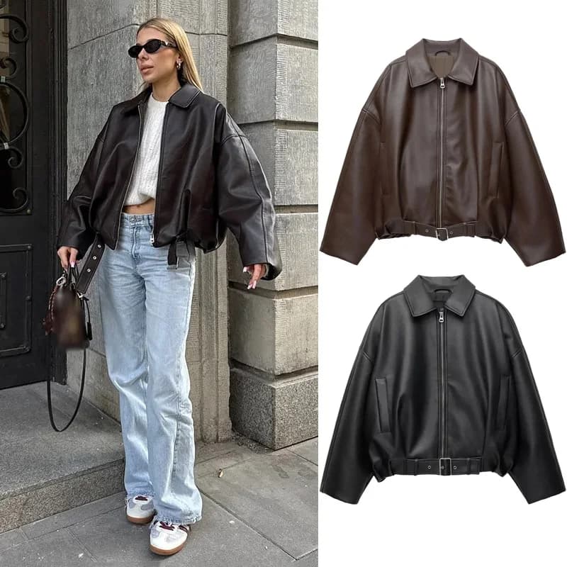 Giubbotti bomber in pelle PU vintage 2025 Autunno nuove signore cerniera risvolto manica lunga tasca cappotto con cintura streetwear allentato da donna