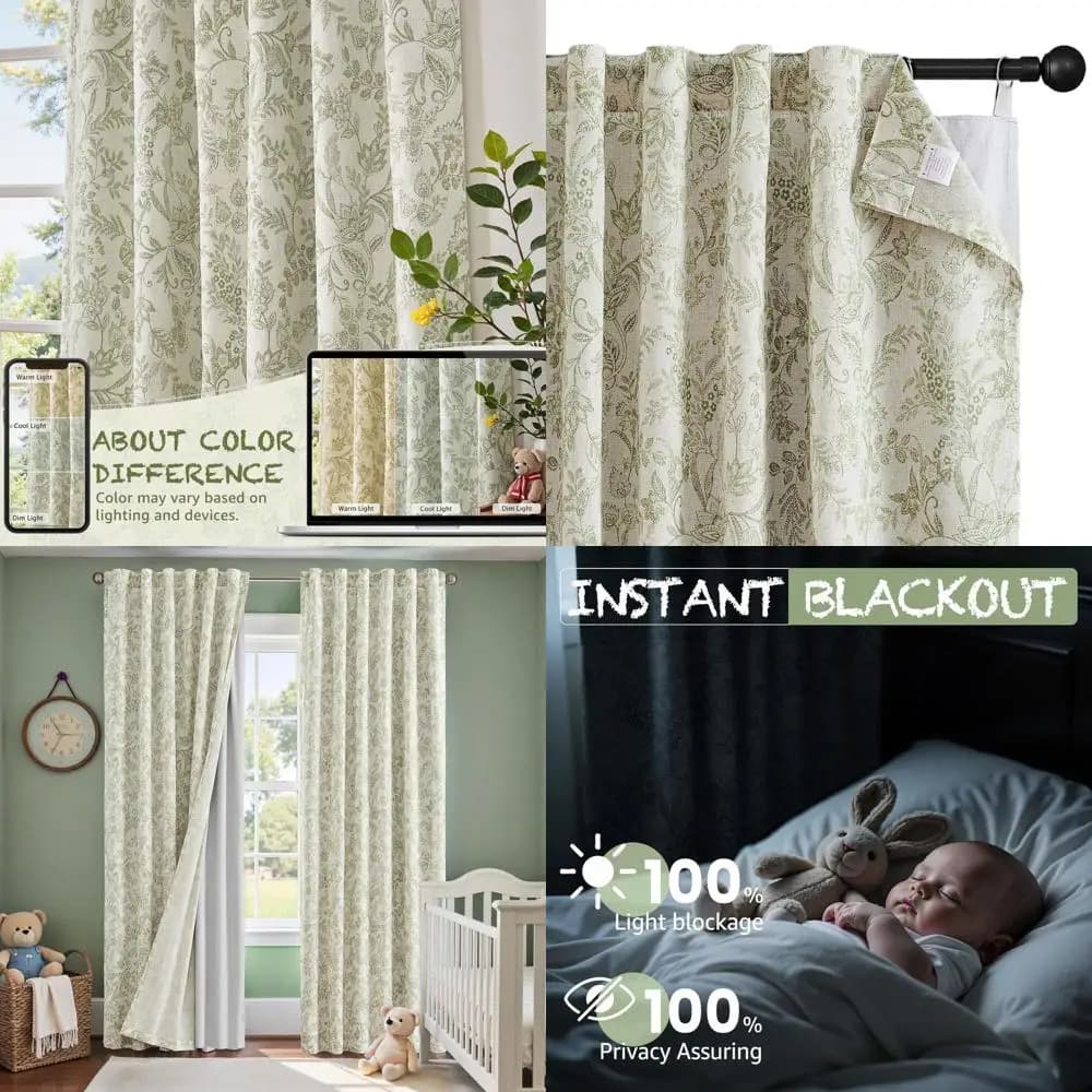 4 Linen Curtains with Green Floral Pattern and Stackable Dark Lining, length 84 Inches, for Bedroom and Living Room