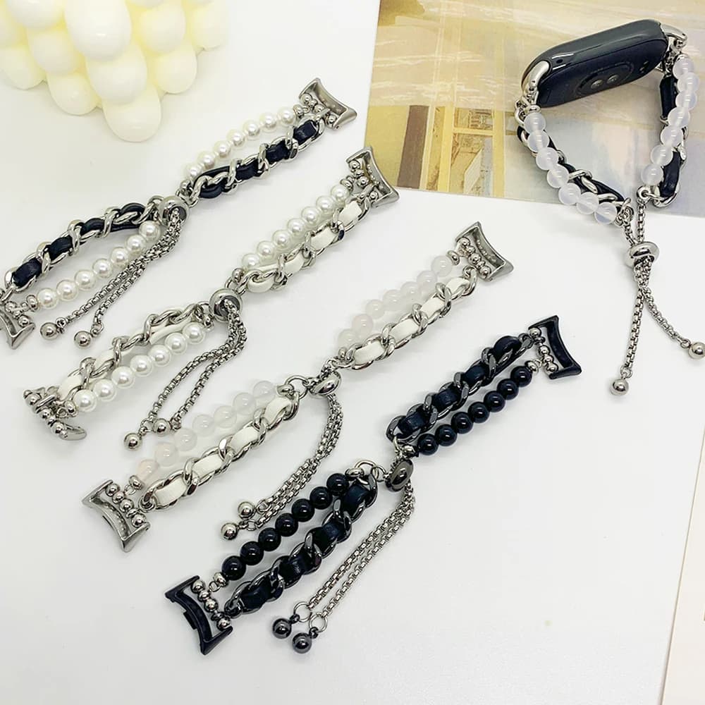 Pearl Strap for Xiaomi Mi Band 8 9 Correa Ladies Jewelry Wristband Bracelet Leather Replacement Belt For Mi Band 10 Accessories