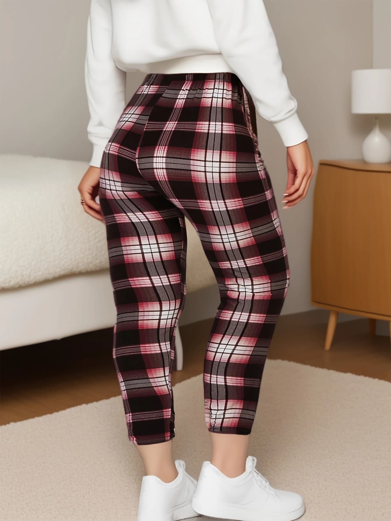 CUHAKCI Sporty and casual tight pants comfortable red and white squares from sexy woman to high elasticity strong sizes
