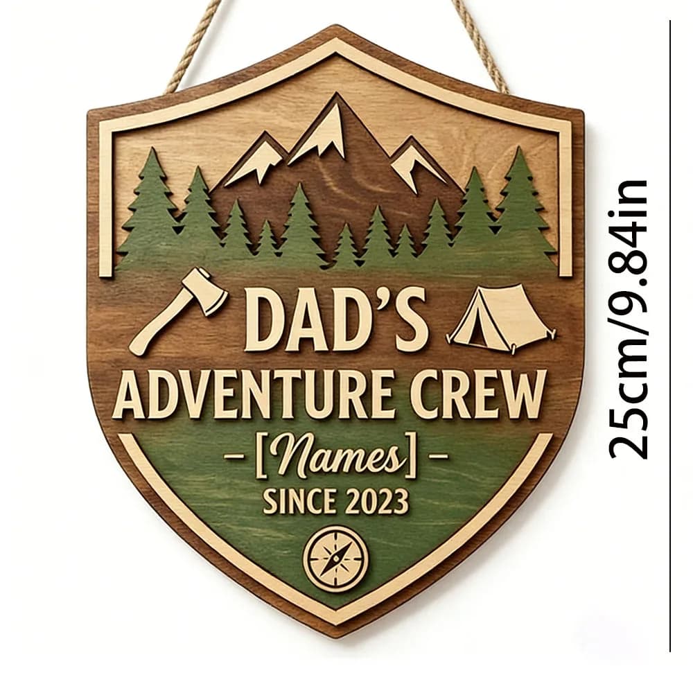 Rustic Adventure Crew Custom Shield Sign, 3D Layered Mountain & Axe Wooden Plaque, Camping Wall Art, Personalized Family Gift