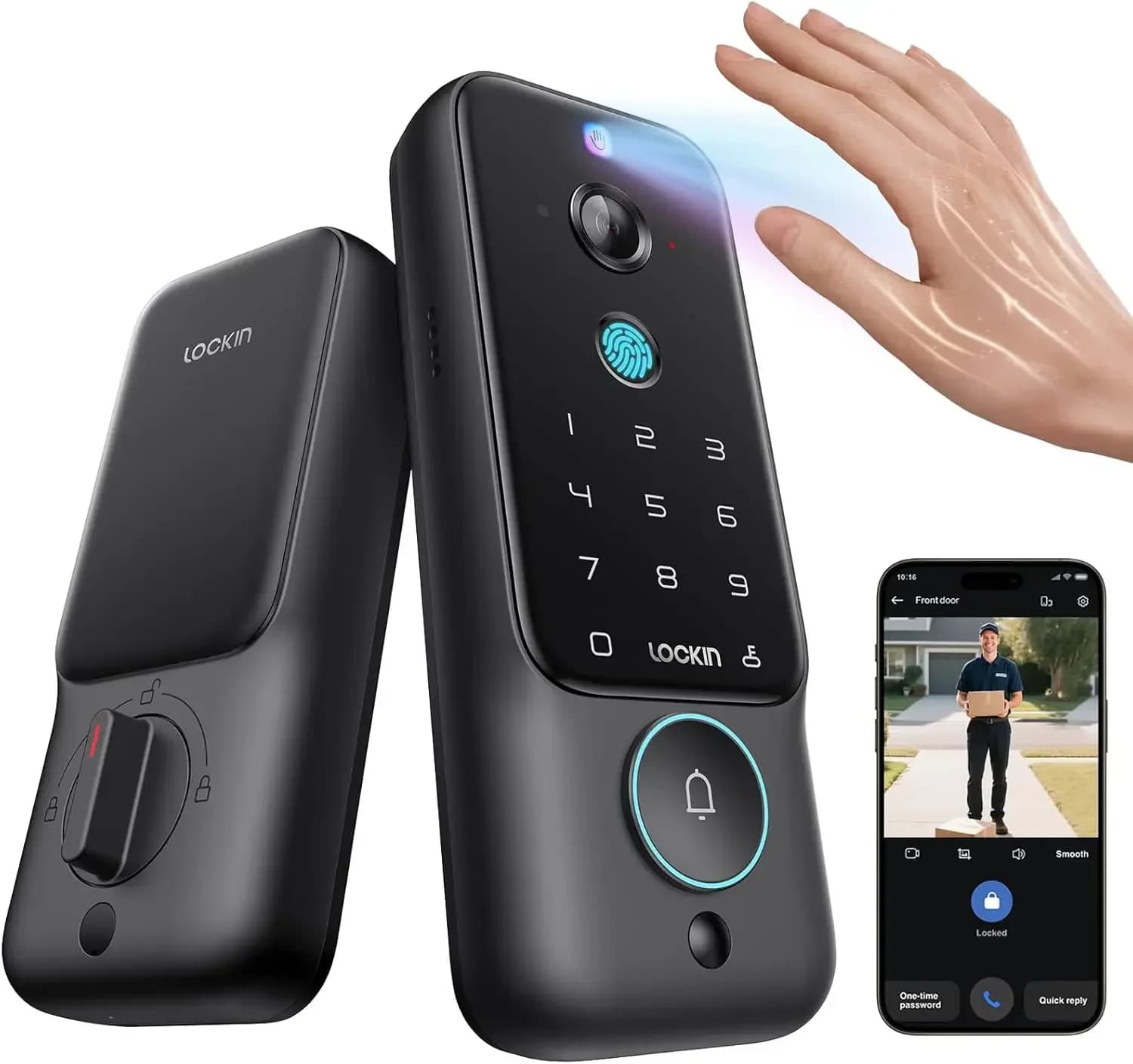 Veno Plus Smart Lock con 2K 180 ° Telecamera di Sicurezza e Videocitofono, Archiviazione Locale AI, Ingresso Senza Chiave con Riconoscimento Palmare/Impronta Digitale