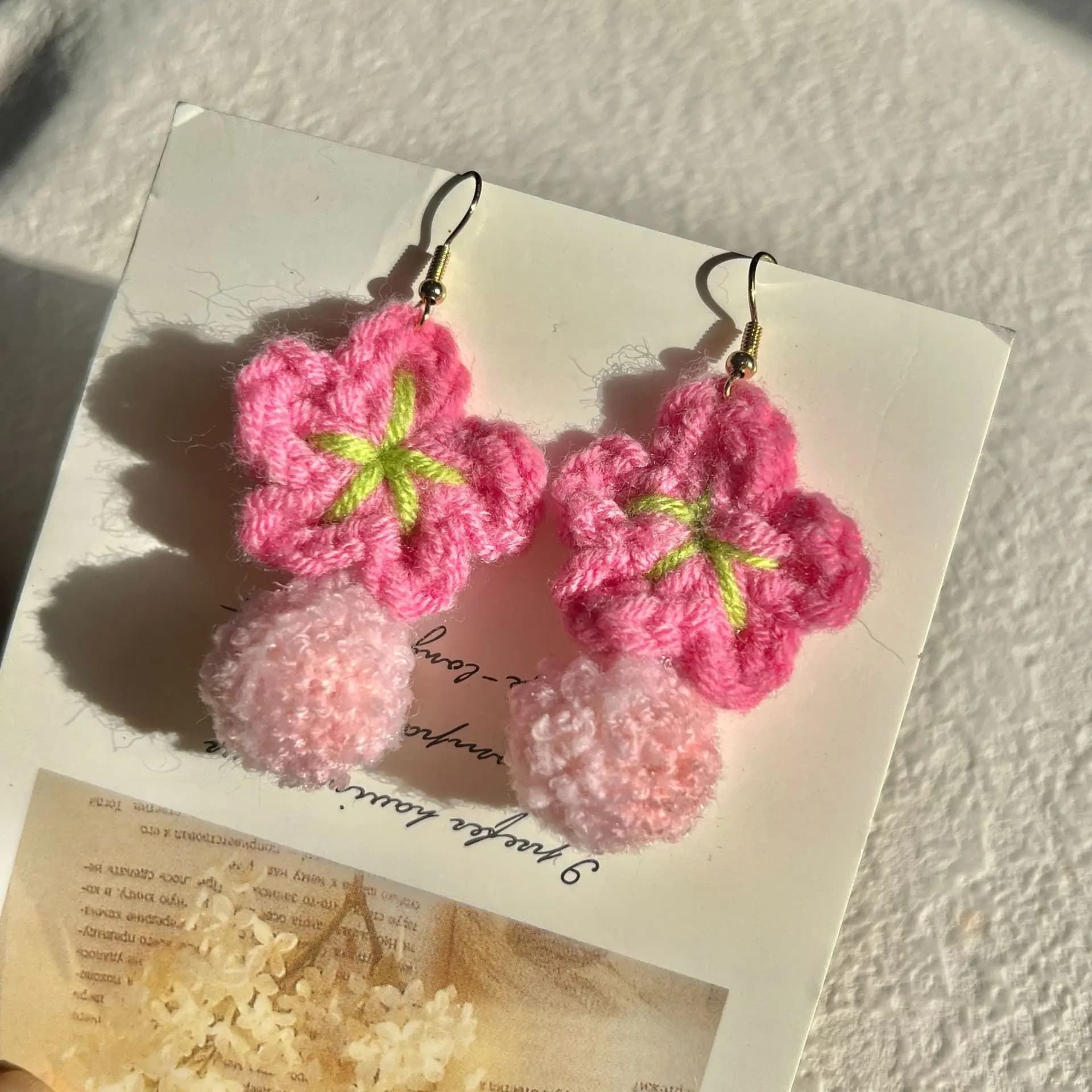 New Stylish Hand Knitting Crocheting Pink Flower Fluffy Ball Pendant Hook Earrings Cute Fashion Jewelry for Kids Students Ladies