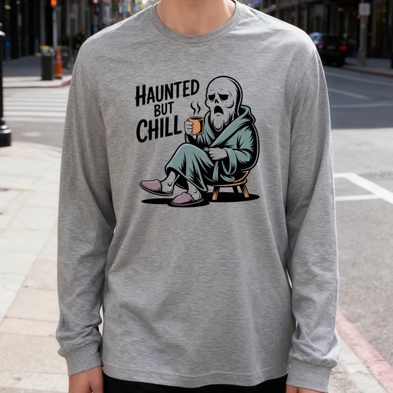 Men's Long Sleeved T-shirt Haunted But Chill 180g 100% Cotton Printed Casual Crew Neck to wear every day soft and breathable