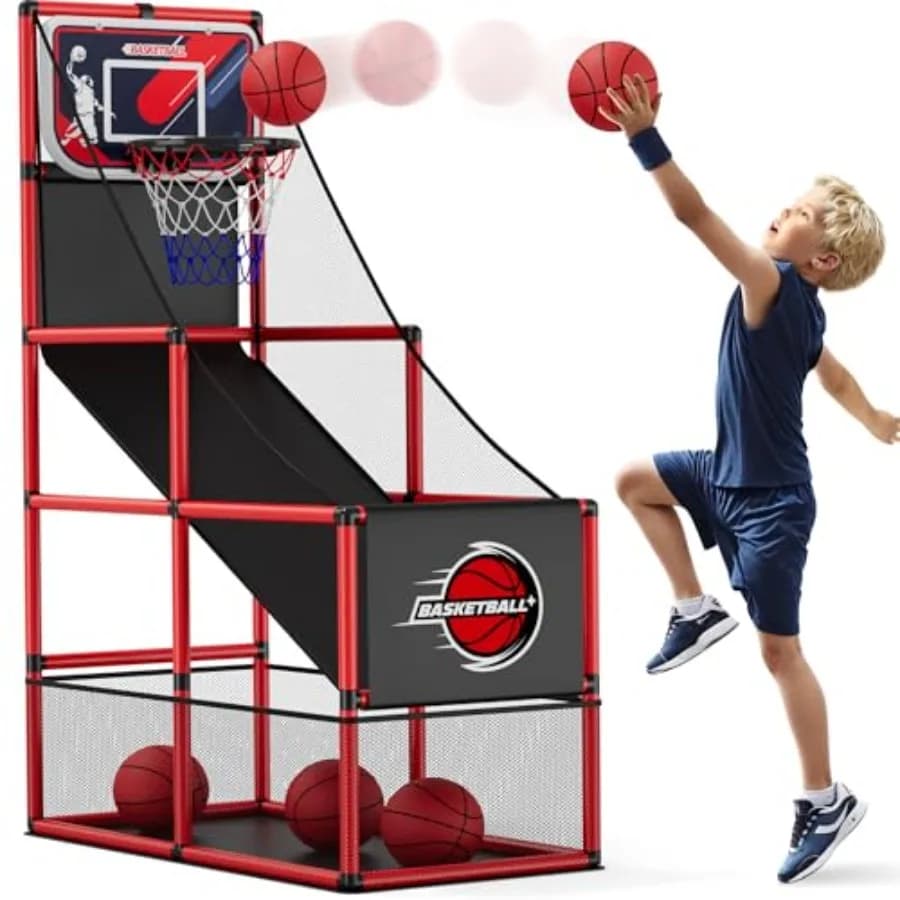 Canestro da basket arcade per interni ed esterni con pompa per 4 palloni, gioco sportivo a tiro singolo per ragazzi, ragazze e adolescenti, blu e rosso