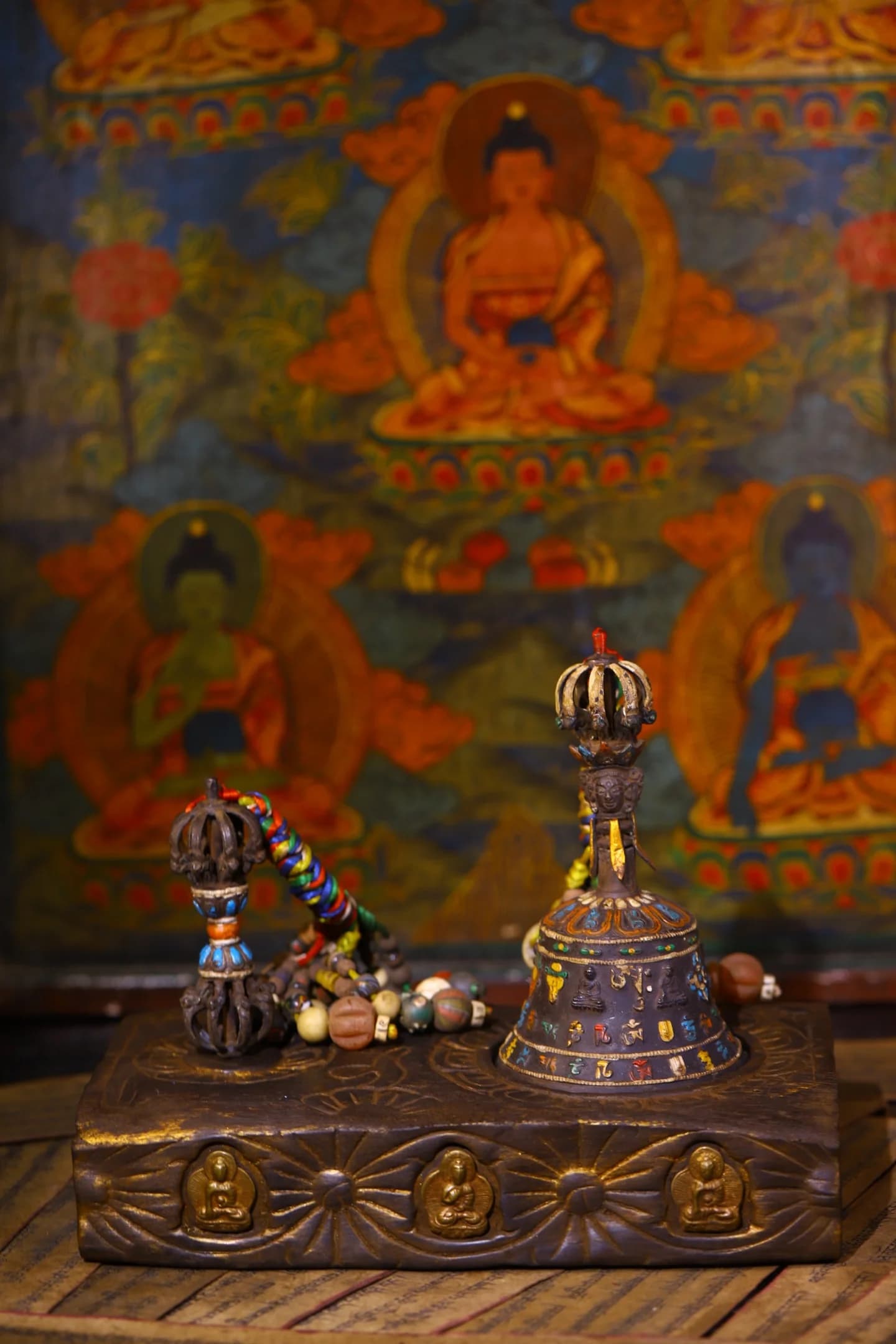 11"Tibetan Temple Collection Old Bronze Painted Mahakala Buddha Head Bell Vajra Bodhi Root Base Amulet Worship Hall Town house