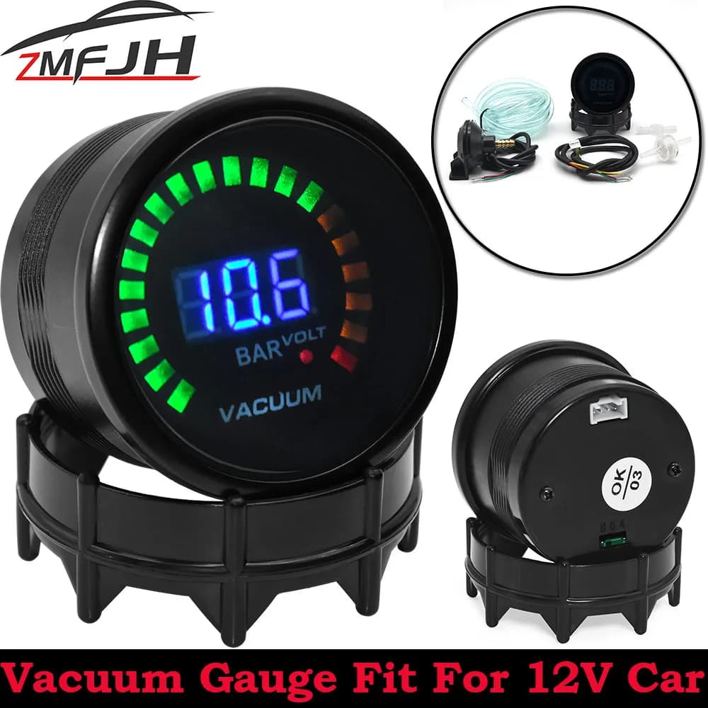 AD 2 "52mm universale per auto blu digitale LED misuratore di vuoto elettronico misuratore di barra colorato -1.0 ~ 0 bar misuratore di vuoto digitale + manometro pod