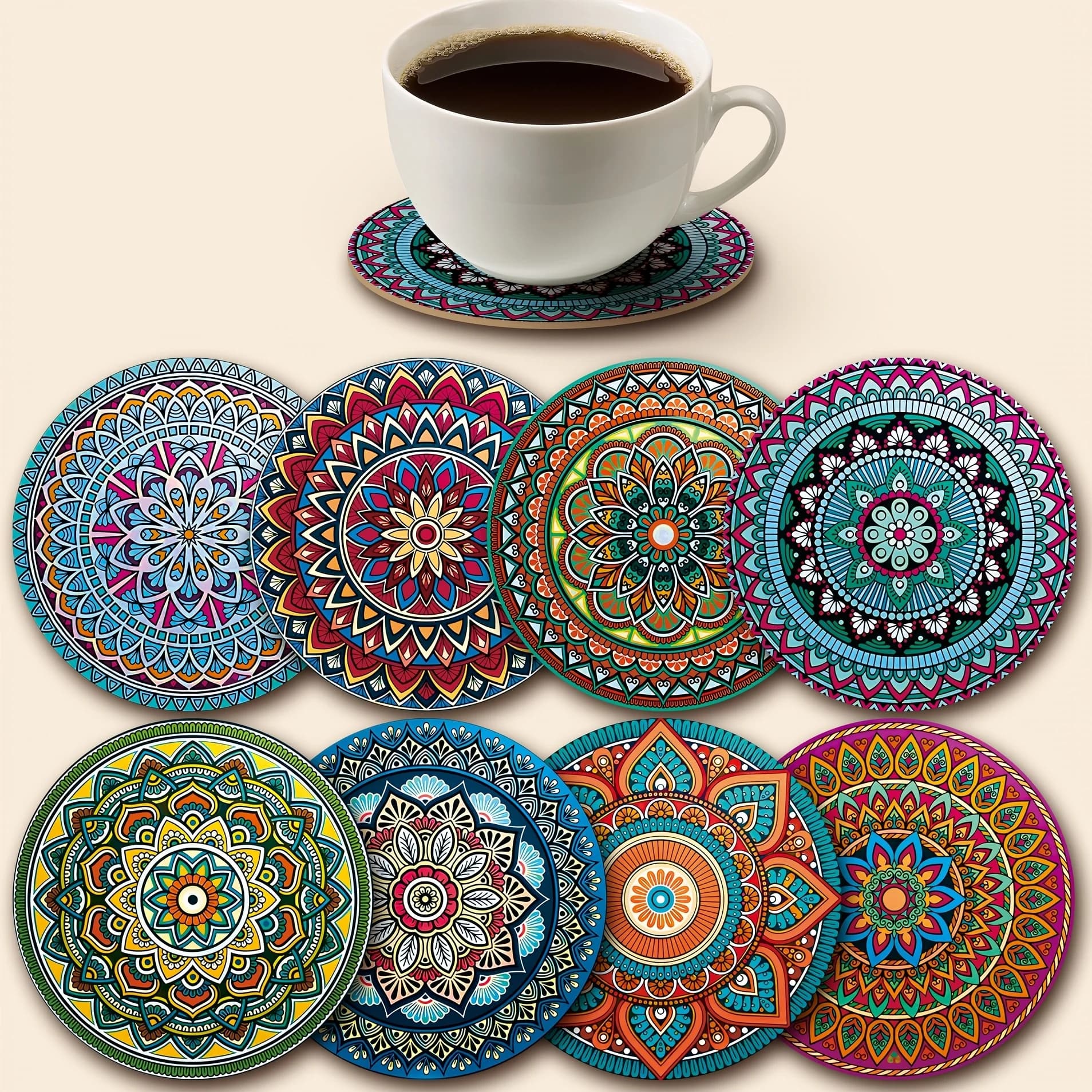 8pcs Wooden Mandala Coasters Set - Holiday/Party Essential for Bar, Office, Home Decor