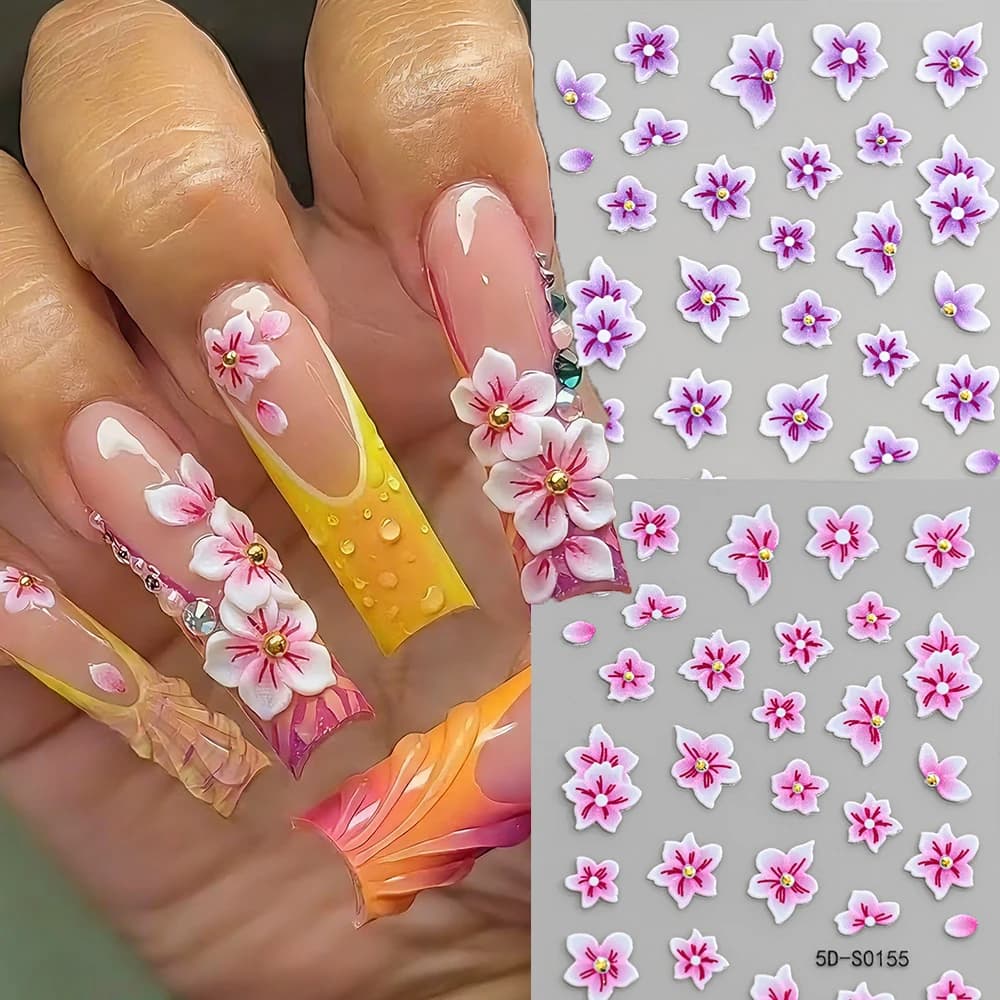 2 Pezzi Adesivi per Unghie 5D a Forma di Fiore di Giglio Rosa e Viola, Decorazioni con Perline Bronzate, Fiori a Cinque Petali, Decalcomanie Adesive, Slider Floreali Rosa