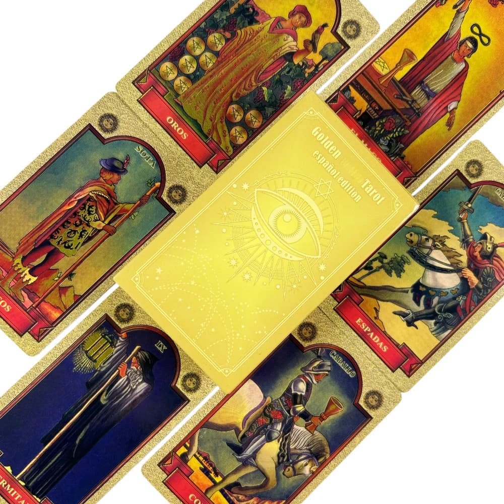 Carte dei Tarocchi Golden Rider spagnoli, un mazzo da 78 carte per divinazione e visioni oracolari, gioco da tavolo.