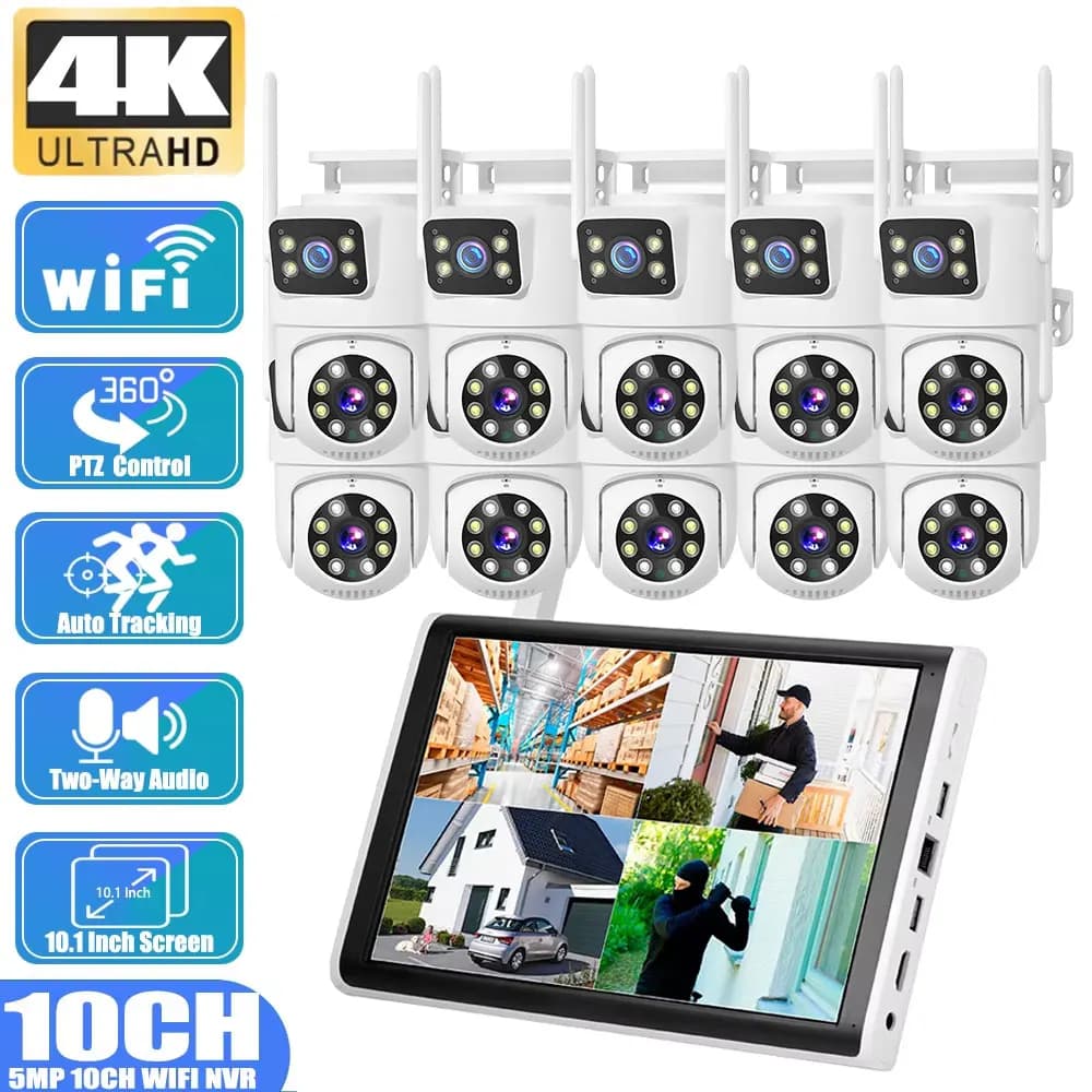 8MP 4K Dual Lens Human Detection PTZ Camera 10CH 5MP 10.1" LCD Screen Monitor Wifi NVR Kit Wireless Home Security Camera System