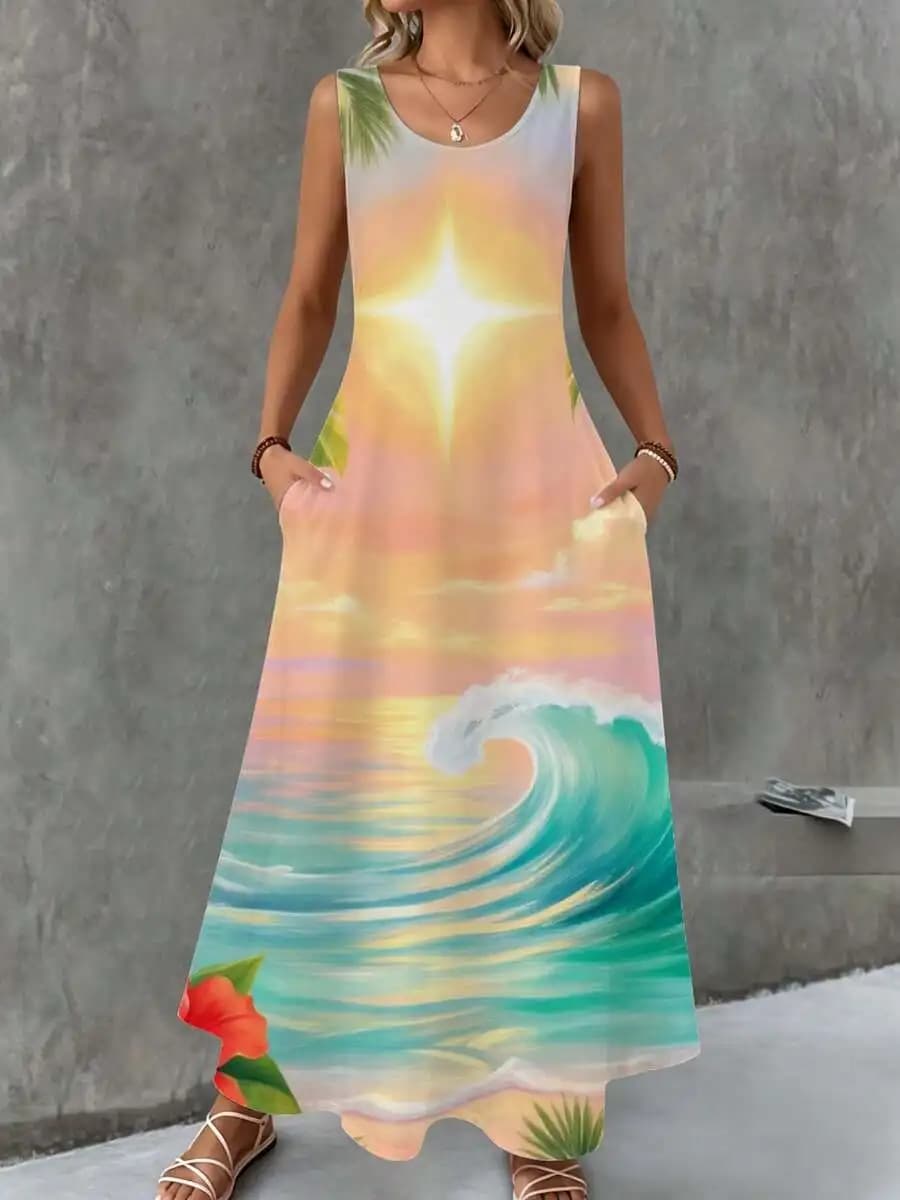 Sleeveless Maxi Dress Multicolor Sunset Ocean Wave Print Beach Vacation Dress
