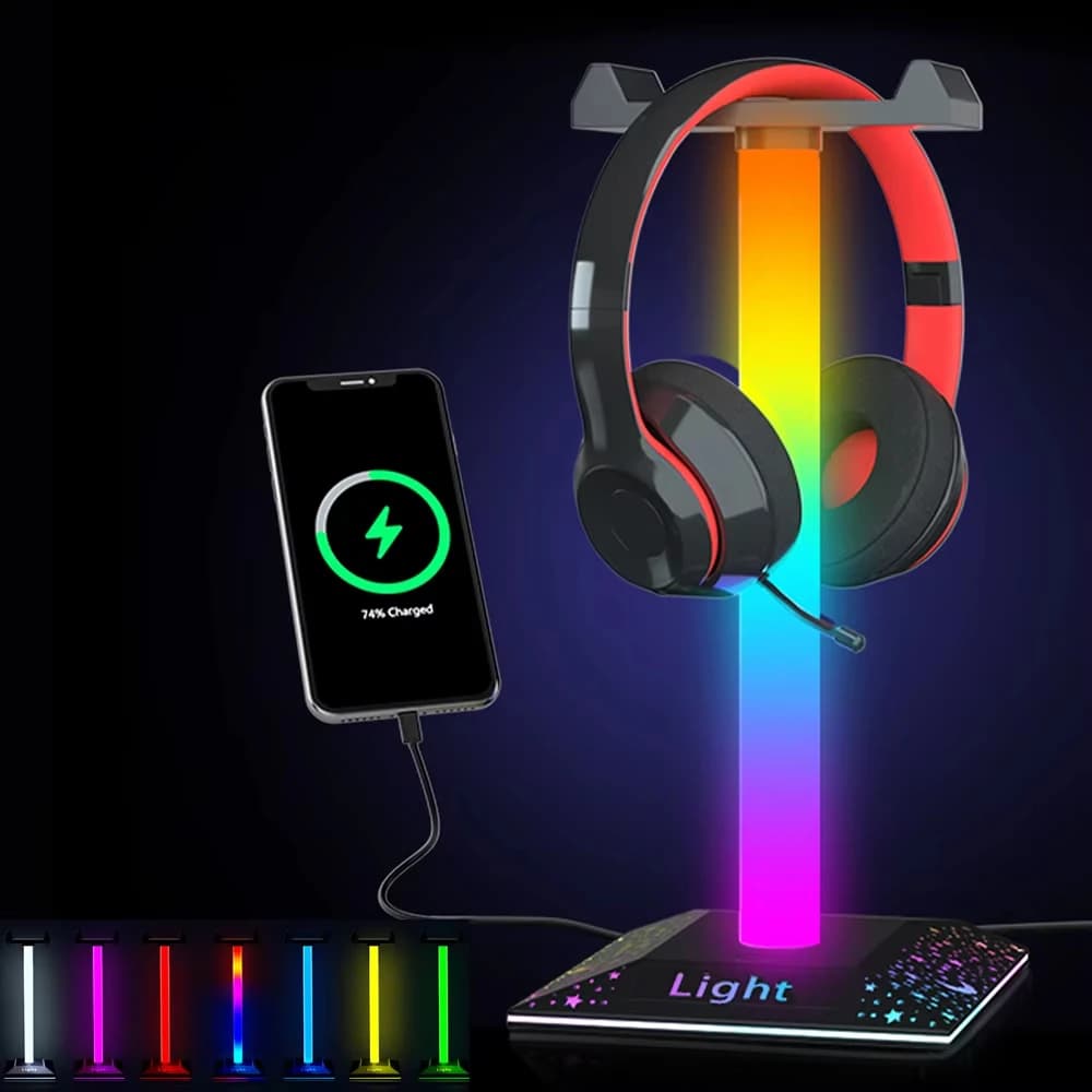 RGB gaming headphone support LED lights Headphone stand Type C and USB charging port Computer desk lamp Desktop bedroom Desktop