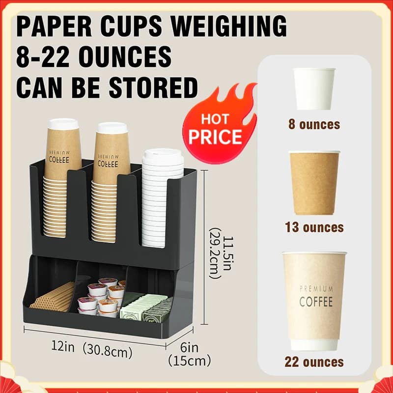 6 Compartment Upright Break Room Coffee Condiment and Cup Storage Organizer, Cup and Lid Organizer for Break Room, Office, Home