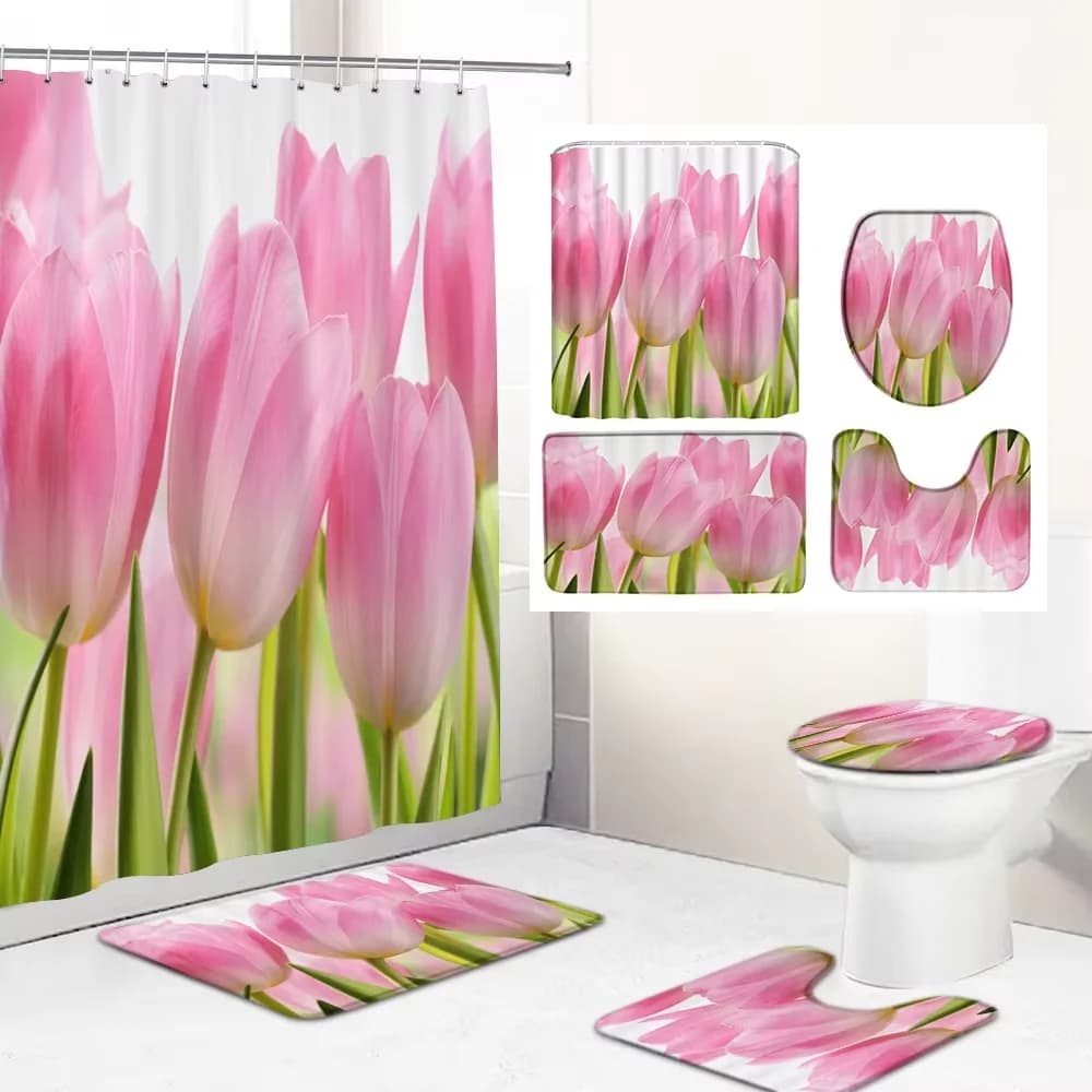 Tulip Flowers Bathroom Curtains Floral Fabric Shower Curtains Set Bathroom Mats Copriwater Non-slip Mat House Decorations