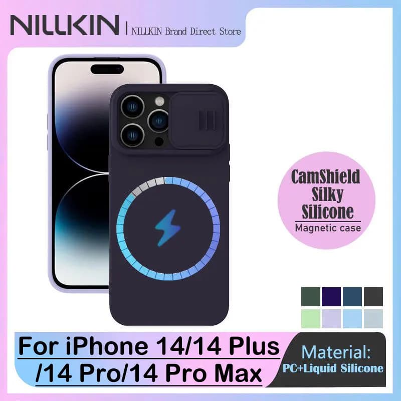 Custodia magnetica NILLKIN per iPhone 14 Plus/14 Pro Max, silicone liquido setoso, protezione fotocamera scorrevole, cover MagSafe per iPhone 13