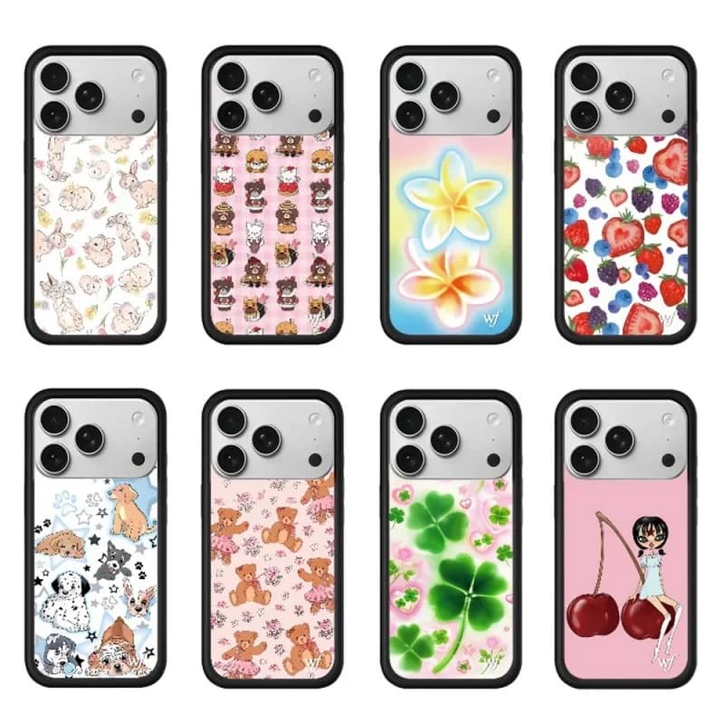 Cover for iPhone 12 13 14 15 16 17 Pro Max Plus with cartoon bear pattern, design Wildflower Strawberry Cherry Pastel Plumeria