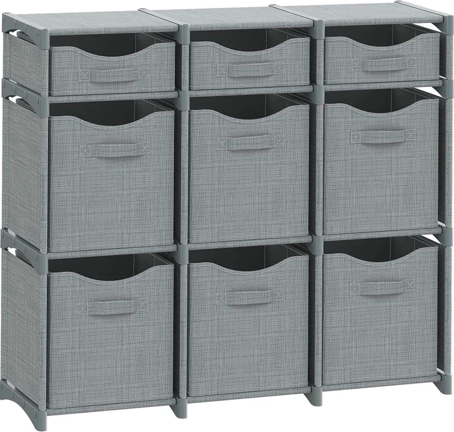 Organizzatore a Nove Cubi con Contenitori in Tessuto per Giocattoli, Vestiti, Armadio, Dormitorio, Scaffale, Grigio