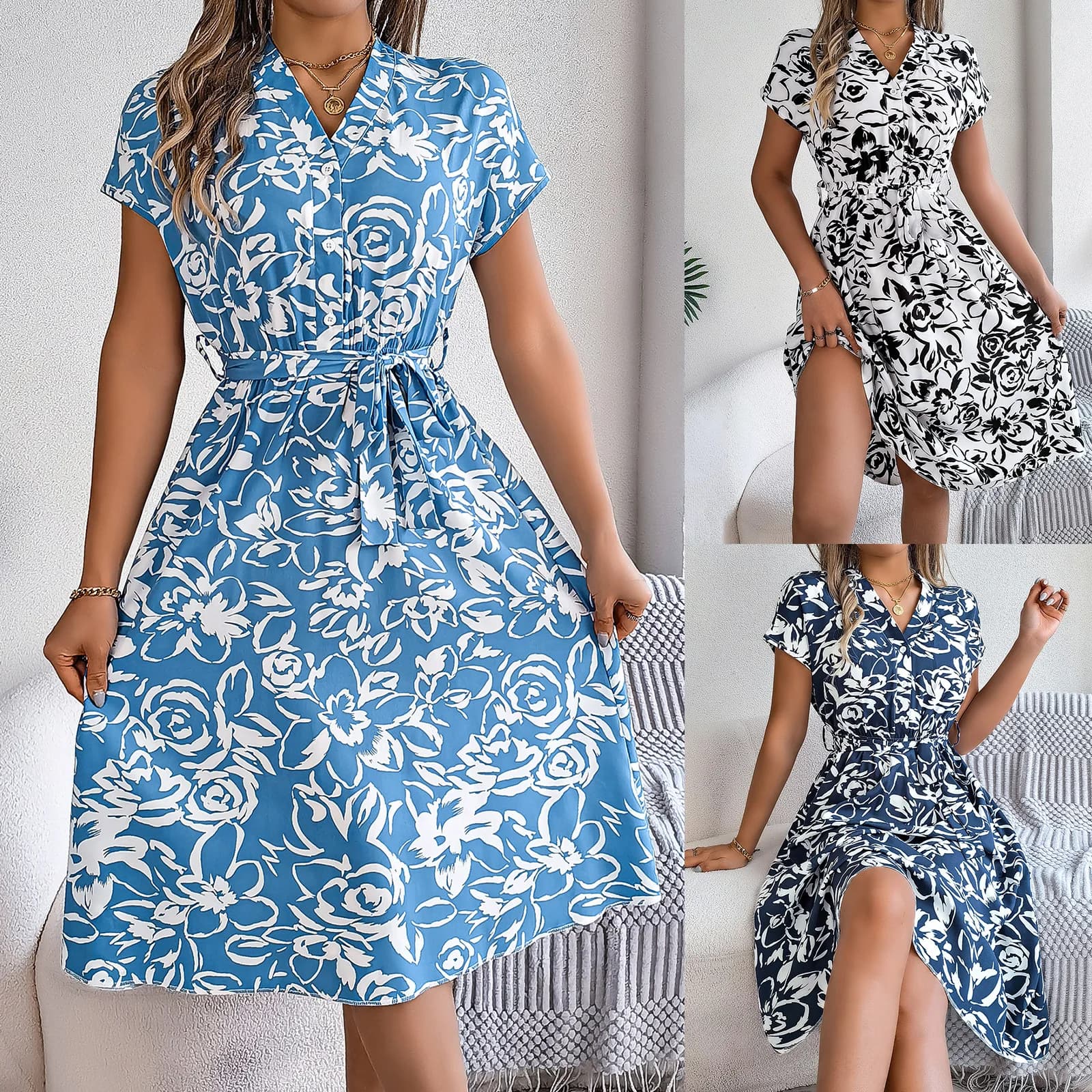 Chic 2026 Maxi Dress Women Vestidos Female Maxi Spring/Summer Casual V-Neck Button Bat Sleeve Flower Pendulum Dress Y2K