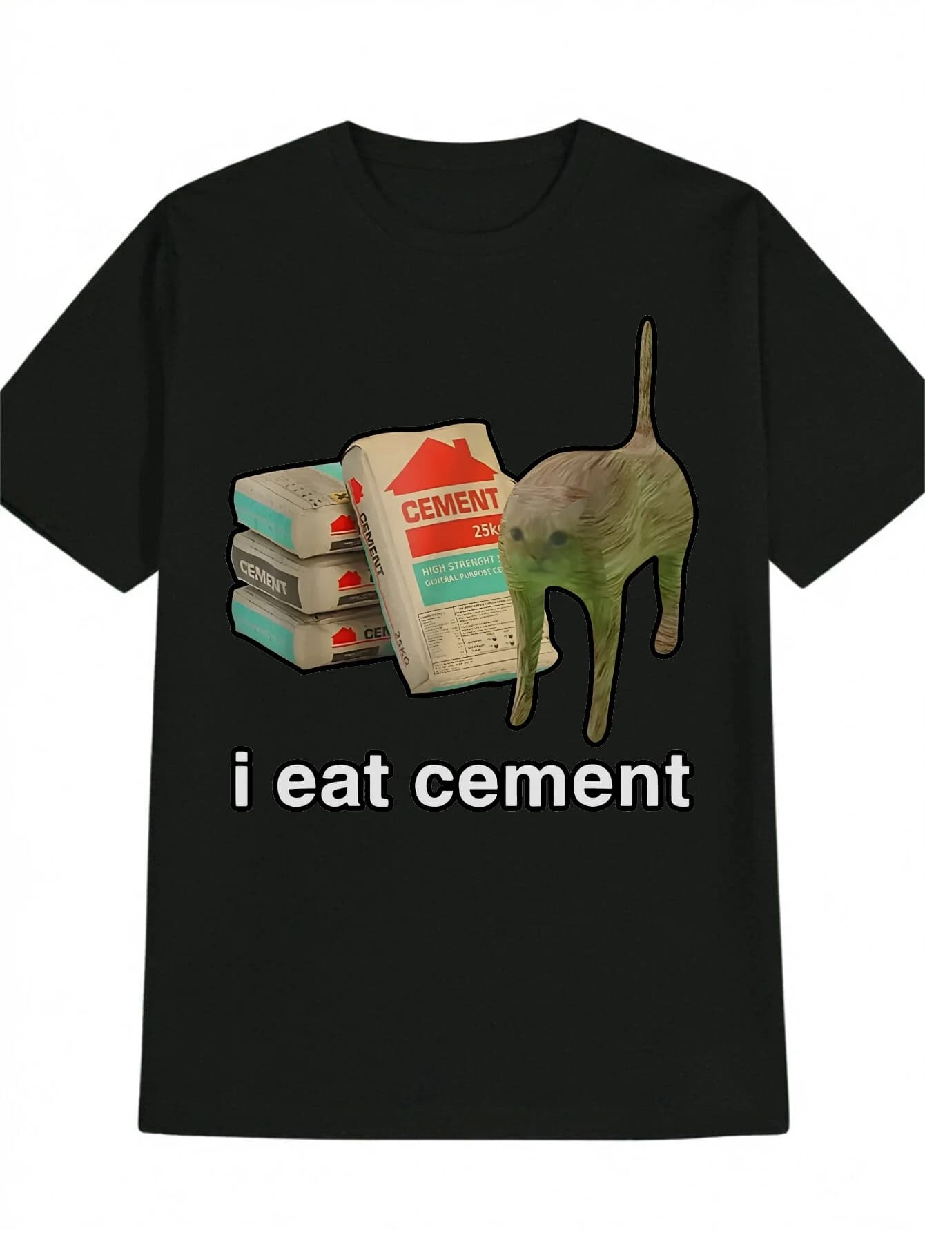 T-shirt casual da uomo con stampa gatto su sacchetto di cemento, maglietta nera versatile con motivo stampato, regalo per uomo