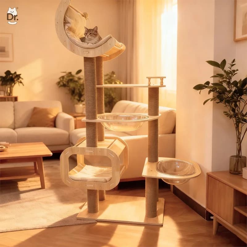Solid Wood Cat Tree Condo House Space Capsule Cat Bed Scratching Post Large Compact Indoor Pet Villa Cat Furniture Cat Toys