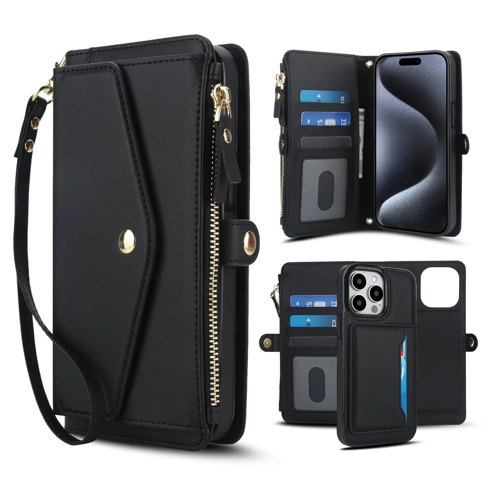 Per iPhone 16e/16 Pro Max Custodia a portafoglio, supporto per ricarica wireless con porta carte con blocco RFID, custodia magnetica staccabile a portafoglio